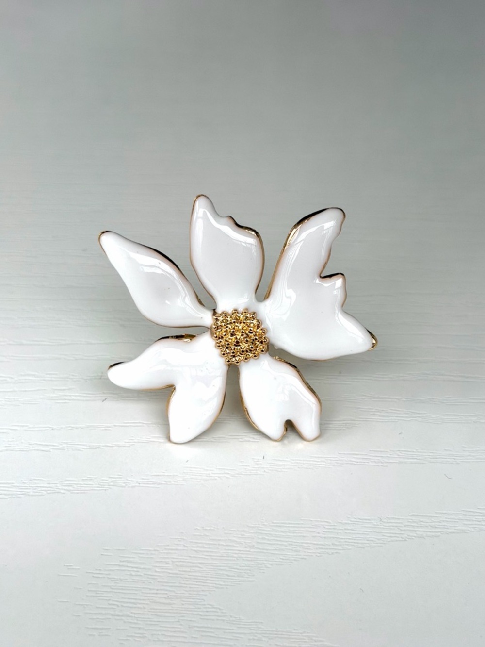 White Enamel Flower Ring with Gold Center - Elegant Women’s Jewelry